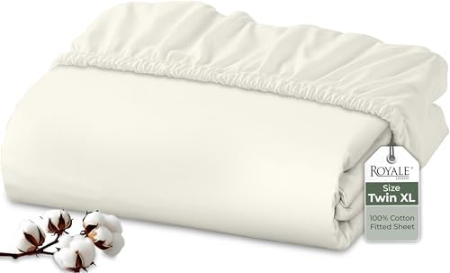 Royale Linens 100 Organic Cotton Twin XL Fitted Sheet - Ivory Deep Pocket