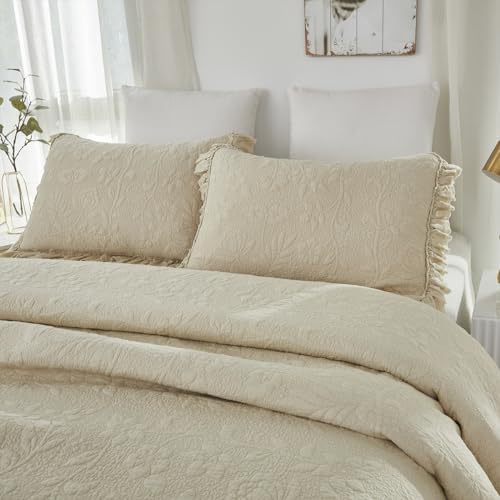 Brandream Queen Quilt Set 3-Piece Cotton Beige
