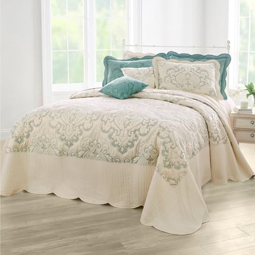 BrylaneHome Ultra Soft Damask Bedspread - Queen Ivory Seaglass