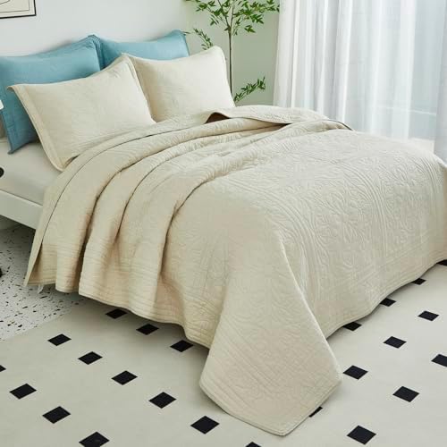 WINLIFE 100 Cotton Quilt Set Full Queen 90x98 Inch Beige