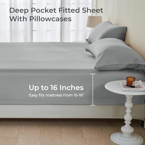 GOKOTTA Bamboo Rayon Fitted Sheet Set with 4 Elastic Straps
