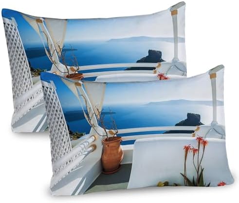 Ambesonne European Pillow Sham Set of 2 Turquoise Blue Santorini Sunset Design