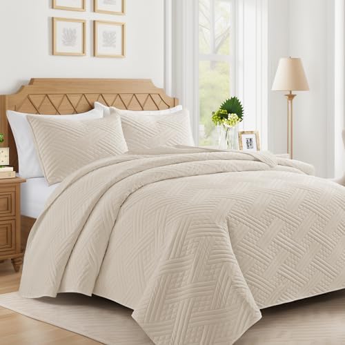 Lavsiry Beige Stripe Quilt Set California King Size