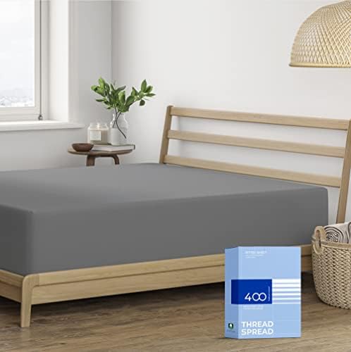 THREAD SPREAD Twin XL Fitted Sheet - 400 TC Cotton Deep Pocket Dark Grey