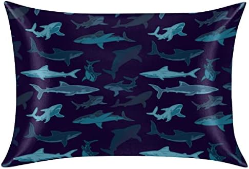 YoCosy Silk Satin Pillowcase with Zipper Navy Ocean Shark Print 1