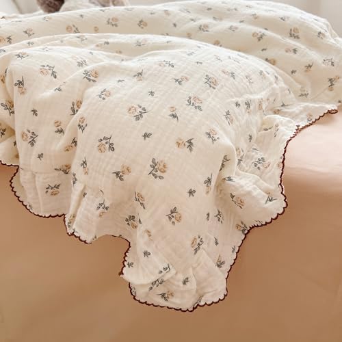 AOJIM Muslin Duvet Cover 47X59 with Ruffled Edges Rose Pattern 2-Layer Gauze