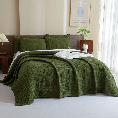 CozyTide Queen Quilt Set 3 Pieces Olive Green Waffle Weave