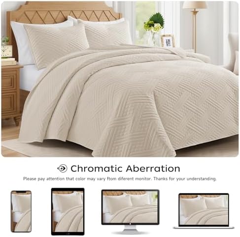 Lavsiry Beige Stripe Quilt Set California King Size