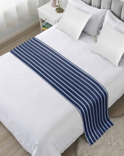 Navy Blue Striped Bed Runner Queen Size Decor