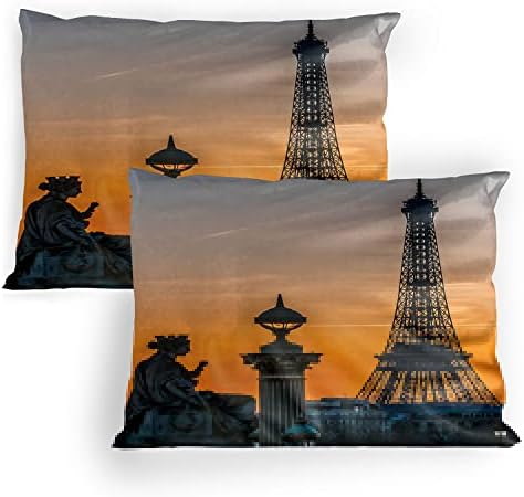 Ambesonne Paris Pillow Sham Set of 2 Eiffel Tower Sunset Sky Design Microfiber