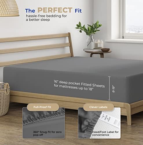 THREAD SPREAD Twin XL Fitted Sheet - 400 TC Cotton Deep Pocket Dark Grey