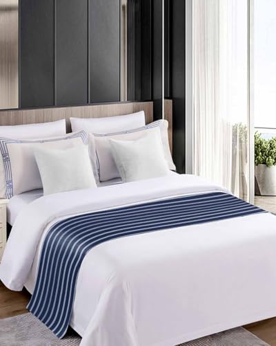 Navy Blue Striped Bed Runner Queen Size Decor