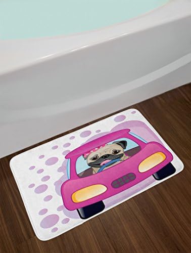 Ambesonne Pug Bath Mat with Pink Yellow Car Design
