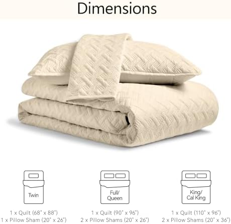 FLYMME King Quilt Bedspread Set with 2 Shams Beige Geometric Stripe Pattern