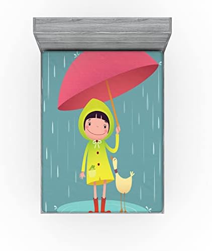 Ambesonne Rain Fitted Sheet with Duck Friend