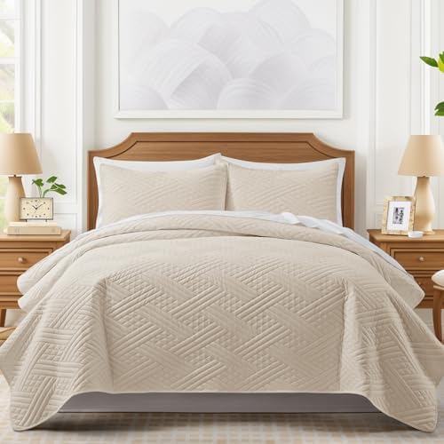 Lavsiry Beige Stripe Quilt Set California King Size