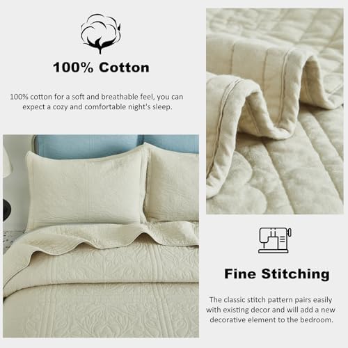WINLIFE 100 Cotton Quilt Set Full Queen 90x98 Inch Beige