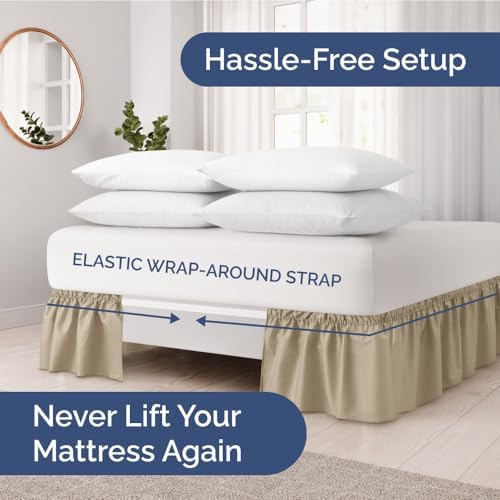 Wrap Around Dust Ruffle Bed Skirt 2 Pillowcases Set - Beige