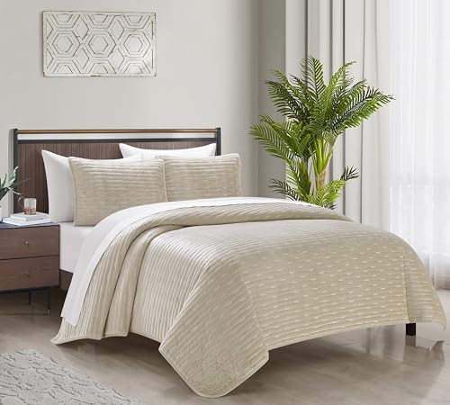 Chic Home Castiel Queen 3-Piece Velvet Quilt Set - Beige