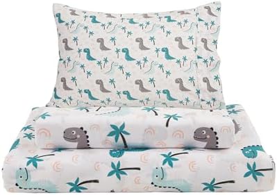 Viviland 3-Piece Kids Twin Bedding Set - Teal Grey Dinosaur Microfiber Sheets Pillowcases