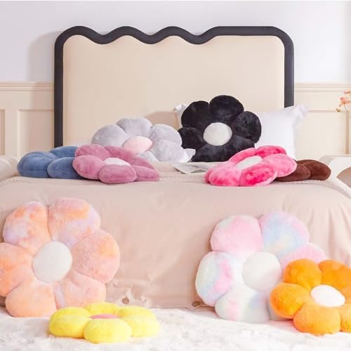 Cute Rainbow Flower Pillow with Faux Rabbit Fur