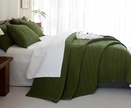 CozyTide Queen Quilt Set 3 Pieces Olive Green Waffle Weave