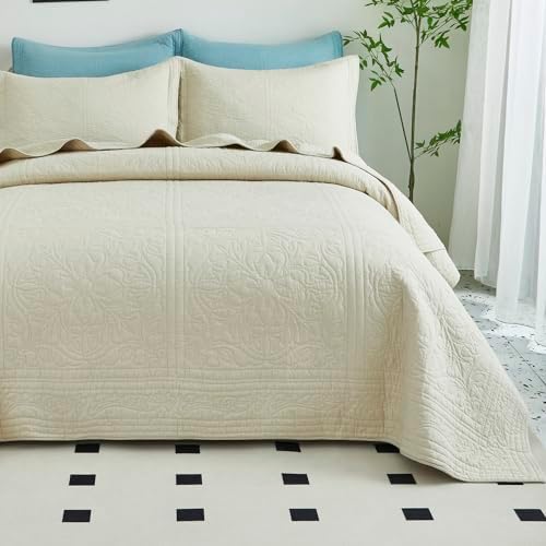 WINLIFE 100 Cotton Quilt Set Full Queen 90x98 Inch Beige