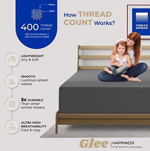 THREAD SPREAD Twin XL Fitted Sheet - 400 TC Cotton Deep Pocket Dark Grey