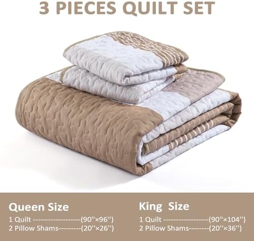 Dinjoy Boho Taupe Quilt Set Queen Size 3 Pieces