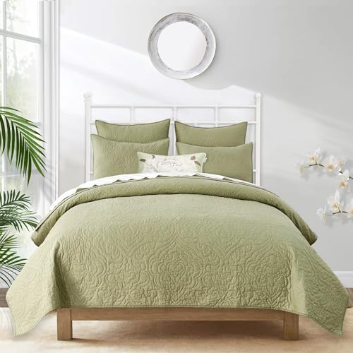 Querencia 100 Cotton Queen Quilt Set - Sage Green Paisley Pattern 3 Pieces