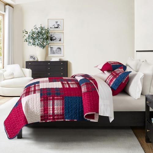 DURLENGEN Boho Quilt Set Queen 3Pcs with Red Navy Patchwork