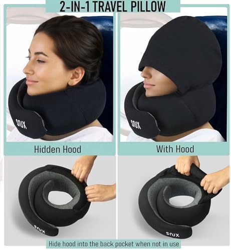 Snux Travel Neck Pillow with Hood - Memory Foam