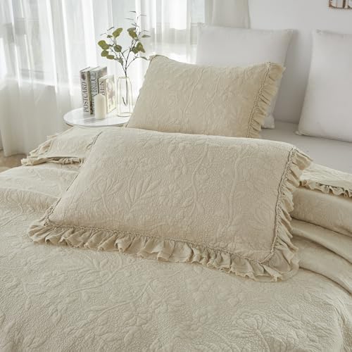 Brandream Queen Quilt Set 3-Piece Cotton Beige
