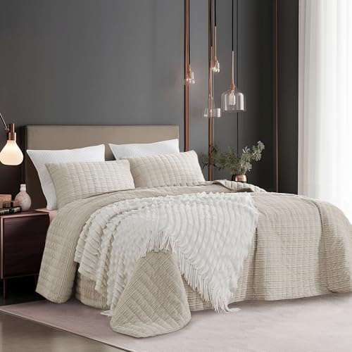 SHALALA Corduroy Quilt Queen 3-Piece Set Striped Bed Cover