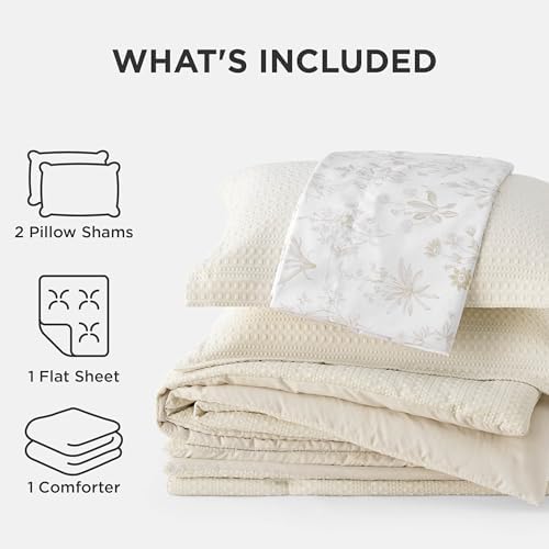 Bedsure King Comforter Set - Beige Floral 4-Piece Waffle Bedding