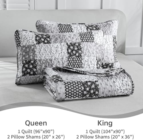 Menghomeus Boho Patchwork Quilt Set King Black Grey