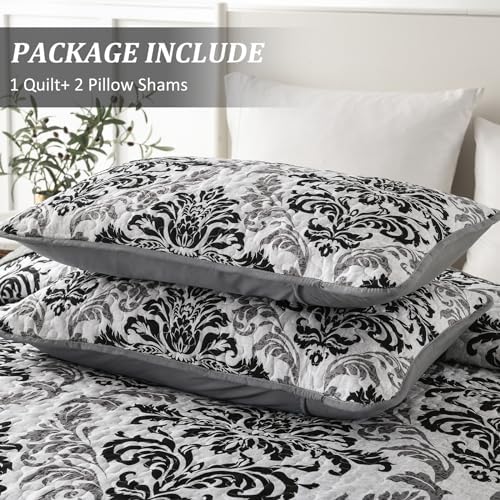 Drucon Black Quilt Set Queen Size 3 Pieces Boho Damask