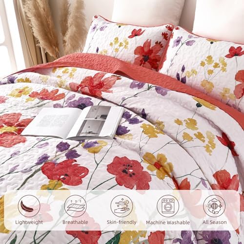Anibedding Floral Quilt Set King Size 3-Piece Red Bedspread