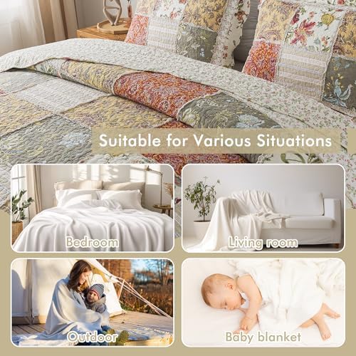 Etwel Queen Quilt Bedding Set Patchwork Lightweight Floragrid Beige Comforter