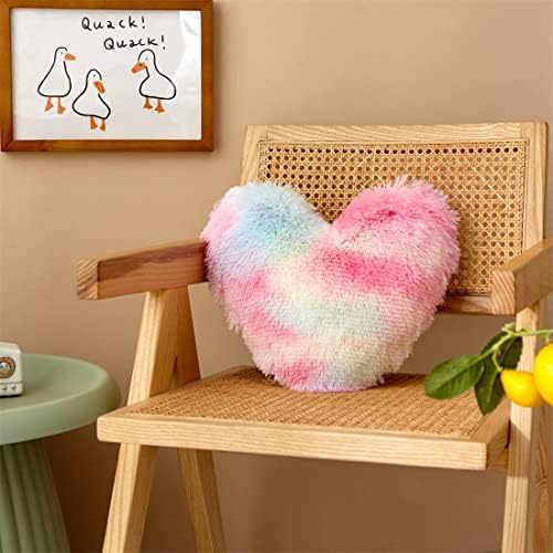MOOWOO Fluffy Heart Pillow Rainbow Faux Fur Throw Decor 40x40cm