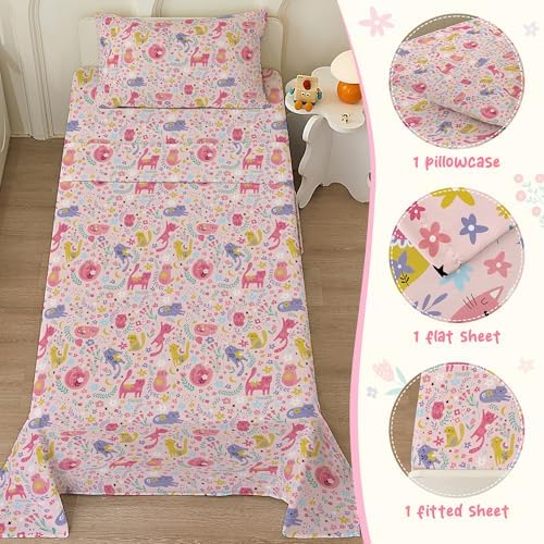 Bedmoon Girls Pink Cat Twin Bed Sheet Set