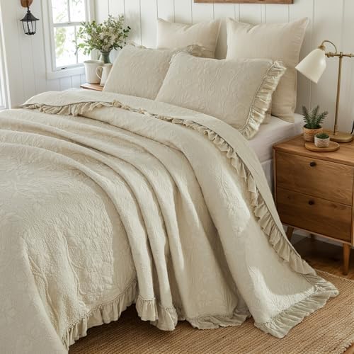 Brandream Queen Quilt Set 3-Piece Cotton Beige