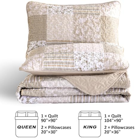 Mybedsoul Plaid Floral Quilt Set Queen Size 3 Pieces