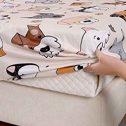 KWLOVER 2PCS Soft Fitted Sheet Pillowcase Set - Doggy Printed Pattern for Kids