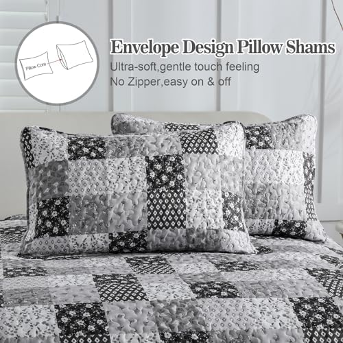Menghomeus Boho Patchwork Quilt Set King Black Grey