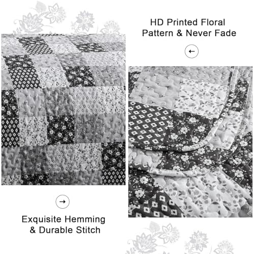 Menghomeus Boho Patchwork Quilt Set King Black Grey