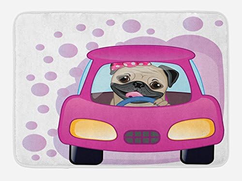 Ambesonne Pug Bath Mat with Pink Yellow Car Design