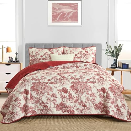 Wongs Bedding Botanical Quilt Set Queen Size Red 3 Pieces