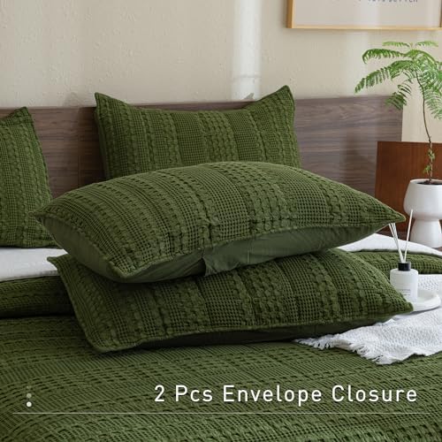 CozyTide Queen Quilt Set 3 Pieces Olive Green Waffle Weave