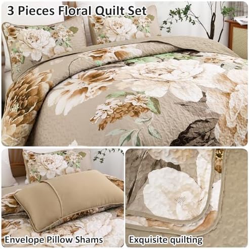 WONGS BEDDING Floral Quilt Set 3 Piece Khaki King